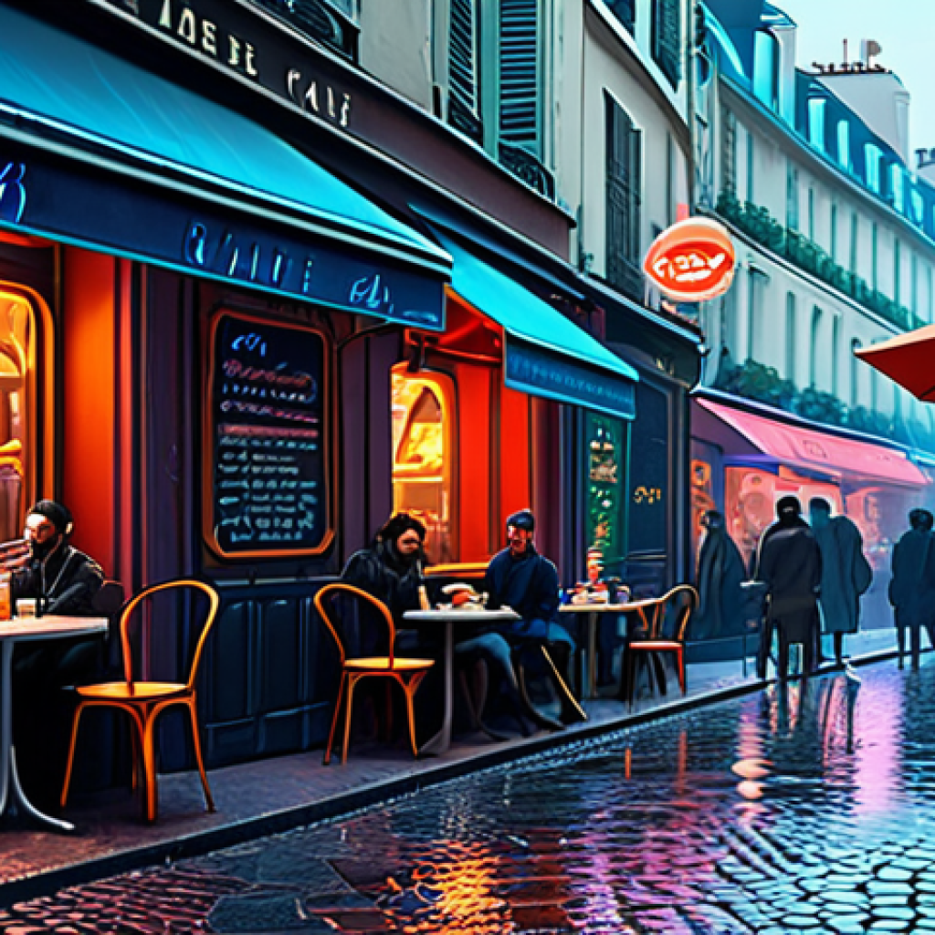 글래디에이터 감독 리들리 스콧 - Futuristic Paris Cafe**

"A bustling Parisian cafe scene, but set in a futuristic cyberpunk world, f...