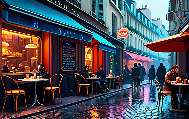 글래디에이터 감독 리들리 스콧 - Futuristic Paris Cafe**

"A bustling Parisian cafe scene, but set in a futuristic cyberpunk world, f...