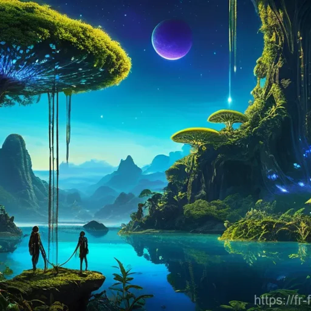 아바타 영화 소개 - A breathtaking panoramic shot of Pandora's bioluminescent rainforest at twilight. Towering, fantasti...