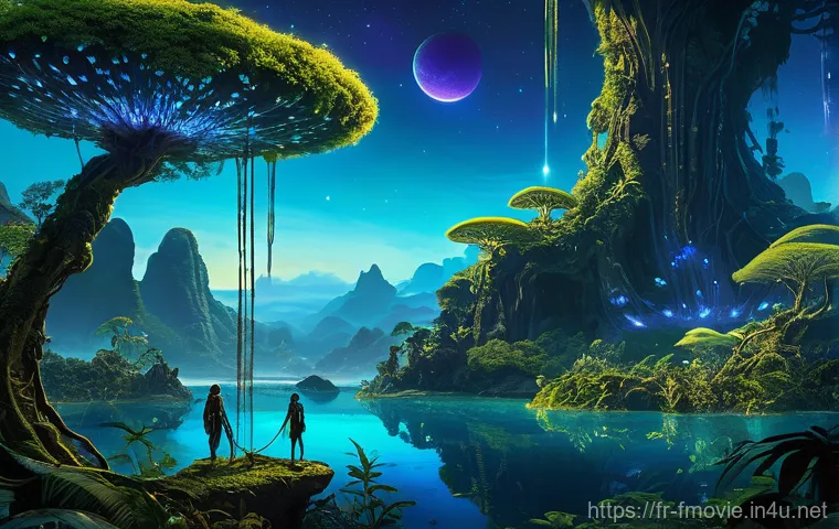 아바타 영화 소개 - A breathtaking panoramic shot of Pandora's bioluminescent rainforest at twilight. Towering, fantasti...