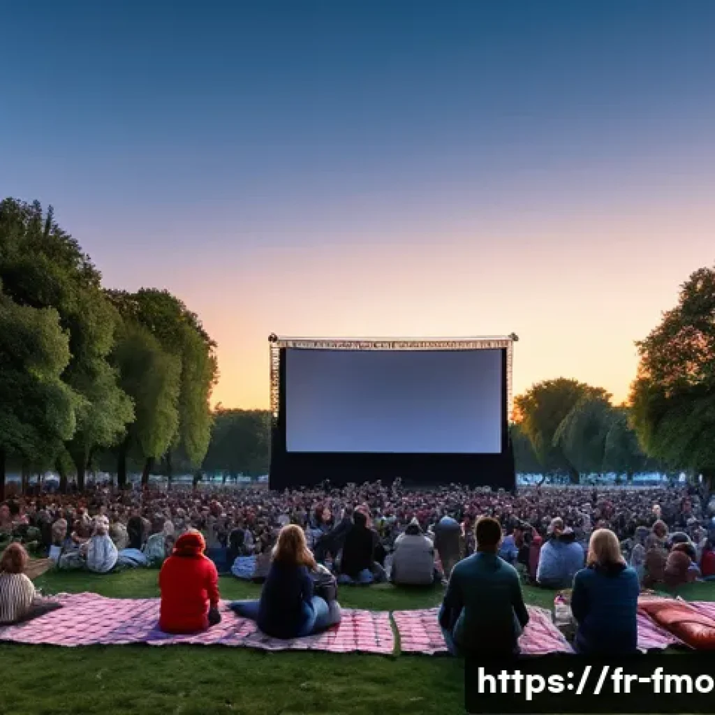 포레스트 검프 상영 정보 - A lively outdoor cinema event in Paris at dusk, showing a classic film screening of Forrest Gump on ...