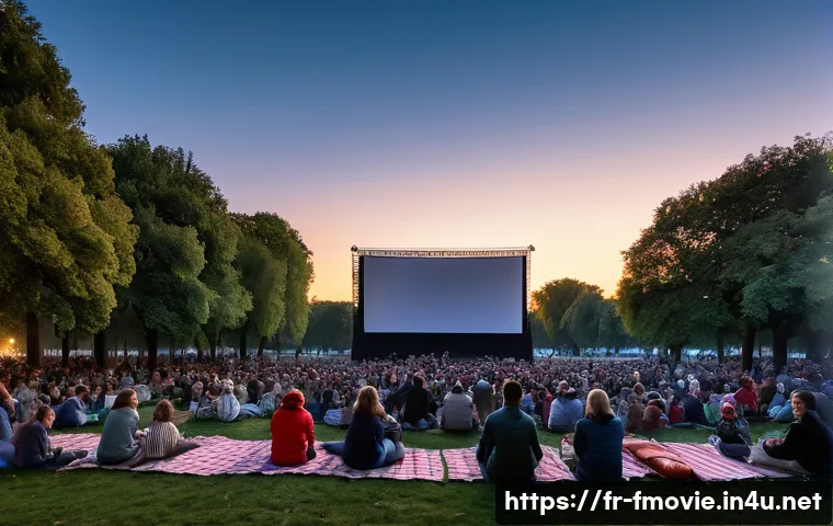 포레스트 검프 상영 정보 - A lively outdoor cinema event in Paris at dusk, showing a classic film screening of Forrest Gump on ...