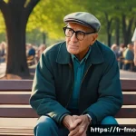 Home 22 포레스트 검프 영화 평론 - A detailed scene depicting a simple, kind-hearted man sitting on a wooden park bench in 1960s Americ...