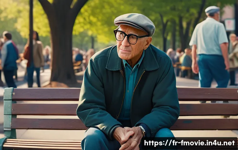 포레스트 검프 영화 평론 - A detailed scene depicting a simple, kind-hearted man sitting on a wooden park bench in 1960s Americ...