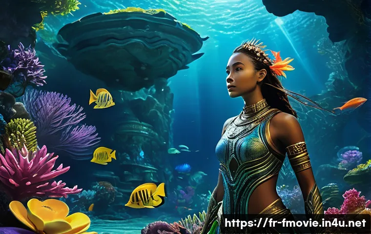 아바타 2와 1 비교 - A breathtaking underwater scene on Pandora featuring Na’vi characters in intricately detailed, color...