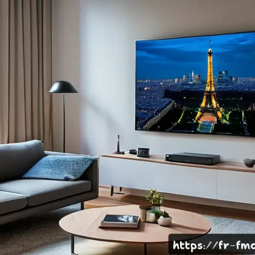 Home 31 인터스텔라 OTT 시청 방법 - A cozy modern living room in Paris during the evening, with a large flat-screen TV displaying the mo...