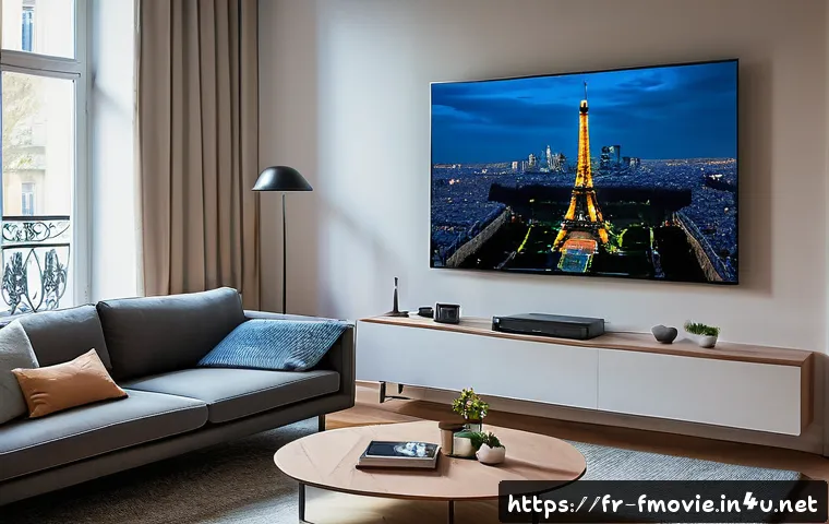 인터스텔라 OTT 시청 방법 - A cozy modern living room in Paris during the evening, with a large flat-screen TV displaying the mo...