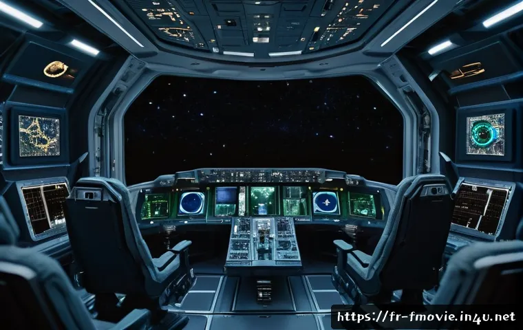 인터스텔라 감독 크리스토퍼 놀란 - A highly detailed cinematic scene of a spacecraft interior with real physical sets, showing actors i...