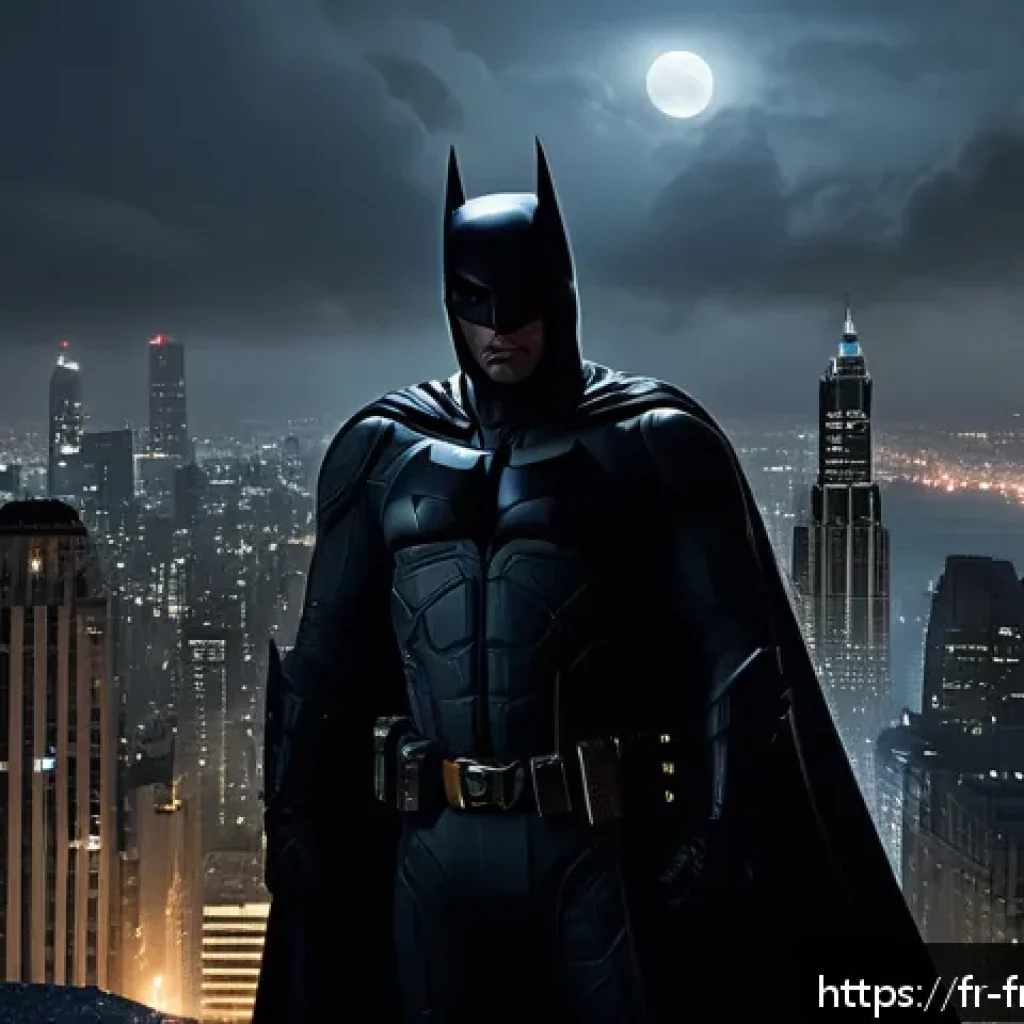 다크 나이트 영화 소개 - A dramatic, gothic cityscape of Gotham at night, illuminated by dim streetlights and fog, with tower...