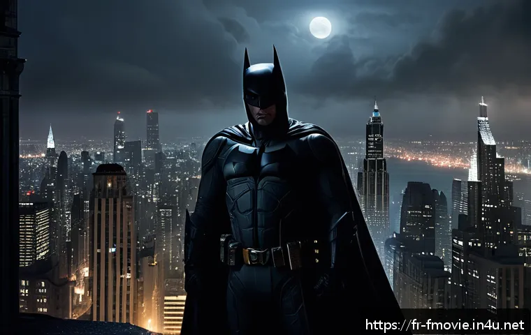 다크 나이트 영화 소개 - A dramatic, gothic cityscape of Gotham at night, illuminated by dim streetlights and fog, with tower...