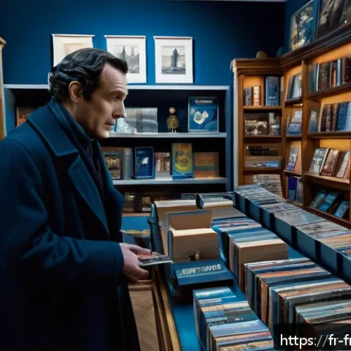 셜록 홈즈 블루레이 구매 - A cozy and elegant French media store interior, shelves lined with Blu-ray editions of Sherlock Holm...