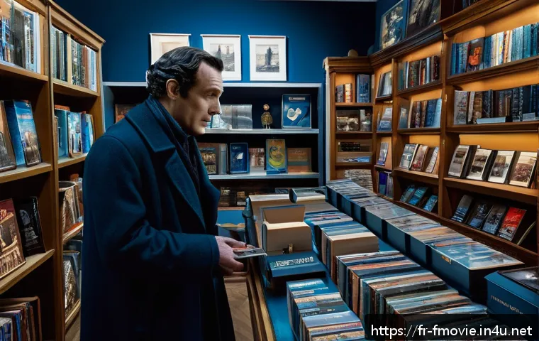 셜록 홈즈 블루레이 구매 - A cozy and elegant French media store interior, shelves lined with Blu-ray editions of Sherlock Holm...