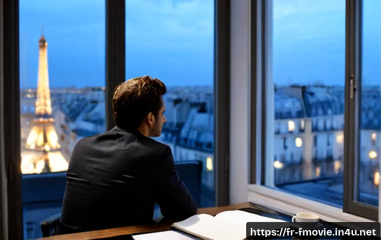 Home 17 그래비티 영화 평론 - Photorealistic French film critic in a stylish Paris apartment office, thoughtfully watching a silen...