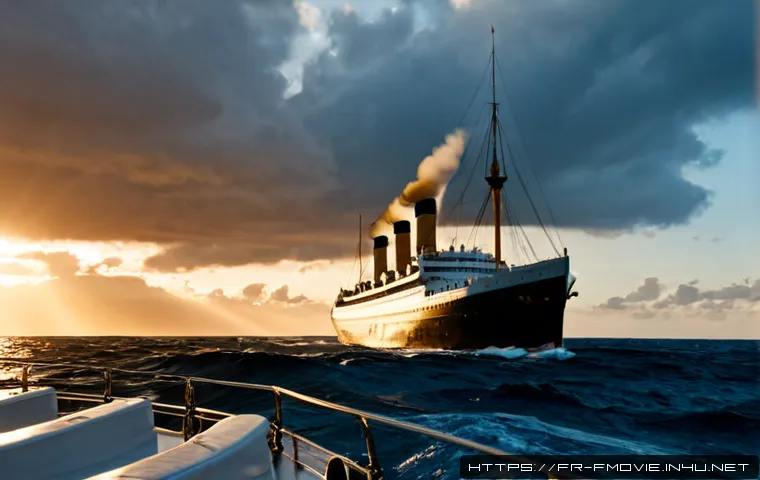 타이타닉 영화 소개 - Photorealistic cinematic scene of a majestic early-20th-century ocean liner sailing across the North...
