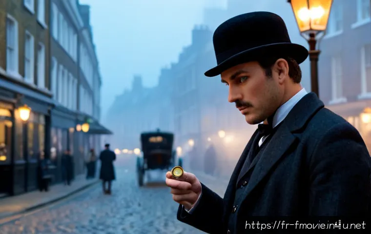셜록 홈즈 감독 가이 리치 - Photorealistic cinematic Victorian detective in a tailored dark wool coat and bowler hat, standing i...